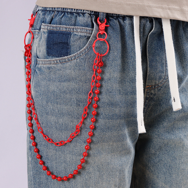 Street Fashion Girls - Bright Red Beaded Multi‑Layer Pants Chain