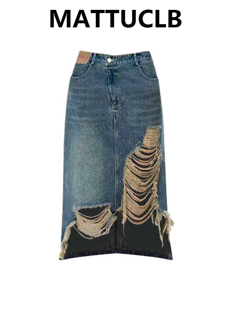 Street Fashion Kpop - Women 2000s Midi Skirt Ripped Denim