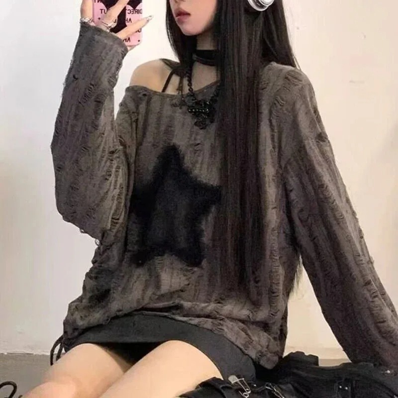Street Fashion Kpop - Y2K Hole Star Print T-Shirt Women